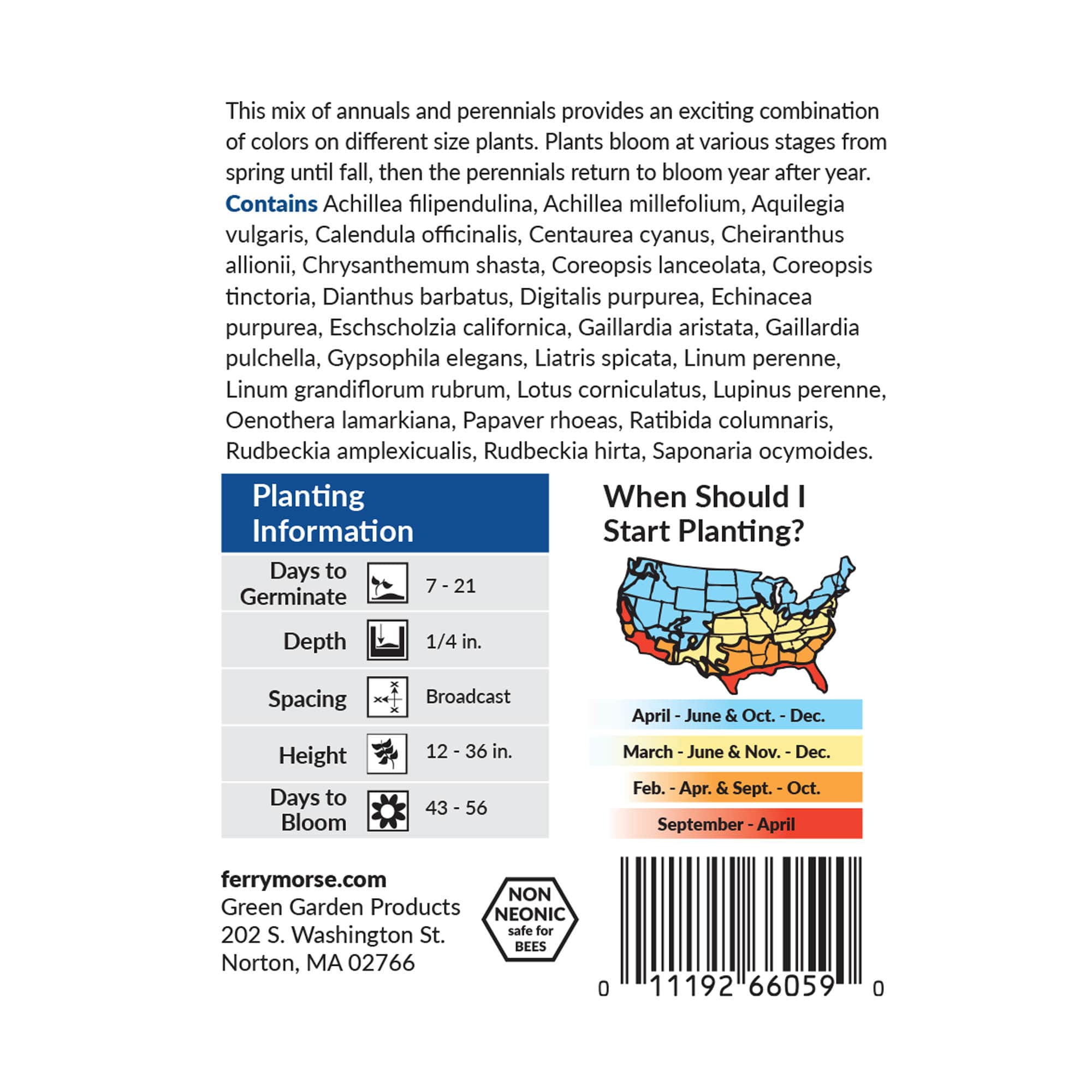 Wildflower perennial mixture back of packaging